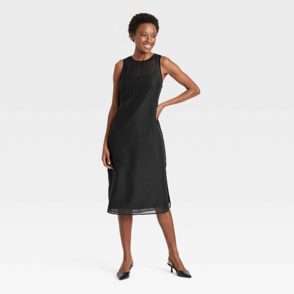 Women's Sheer Organza Midi Shift Dress - A New Day Black L